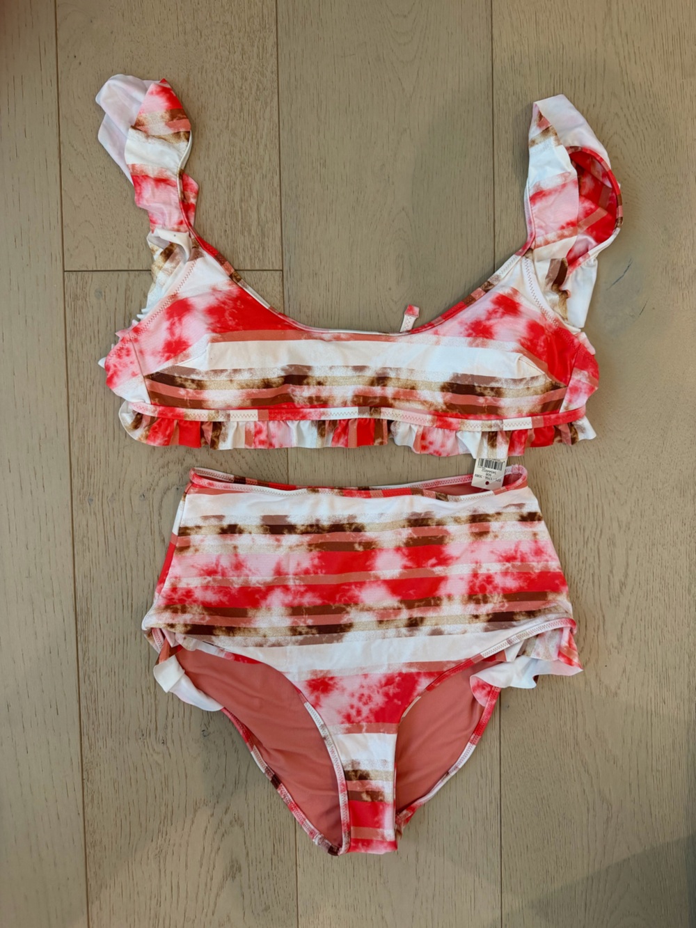 aerie Coral, White & Brown Tie-Dye Ruffle Bikini